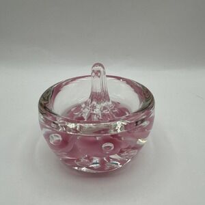 Vintage Joe Rice Art Glass Ring Holder Paperweight Pink‎ Trumpet Flower Bubble